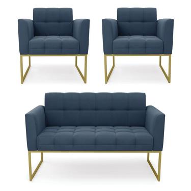 Imagem de Kit 1 Sofá Namoradeira E 2 Poltronas Elisa Suede Base Metálica Industrial Dourada Cor Azul Marinho