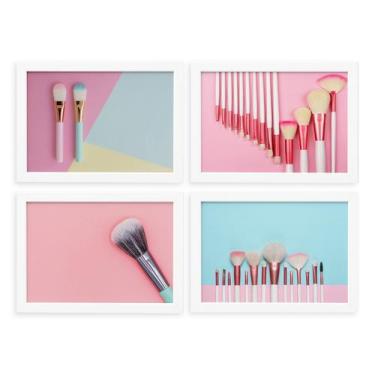 Imagem de Kit Quadros Decorativos Maquiagem Pincéis Moldura Branca 4un 33x43cm -
