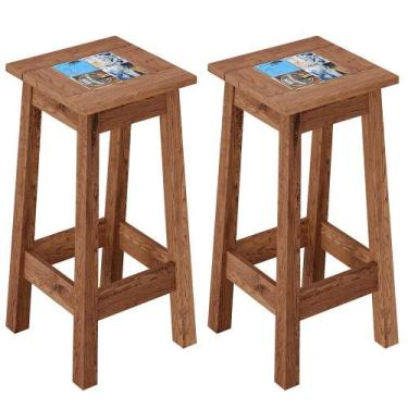 Imagem de Kit 02 Banquetas Altas De Madeira Maciça Pinus Com Cerâmica Vintage Rú