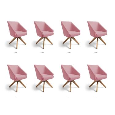 Imagem de Kit 8 Poltronas Giratórias Alana Veludo Rosê Base De Madeira - Pallazio