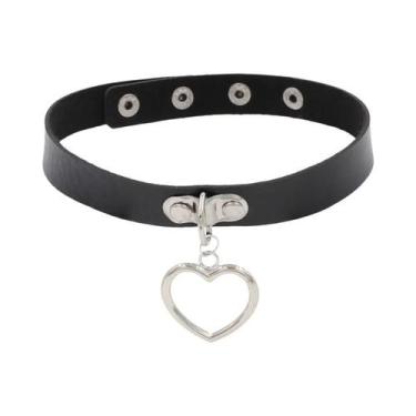 Imagem de Colar Gótico Feminino Preto De Couro Punk Com Coração, Cadeado E Espin