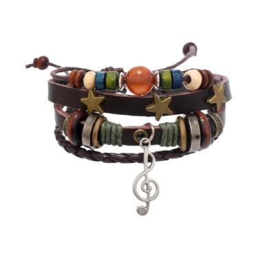 Imagem de Pulseira Masculina Retrô De Couro Trançado Com Contas E Detalhes Em Li