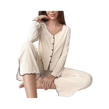 Imagem de Conjunto De Pijama Feminino De Outono Inverno Em Cor Sólida, Manga Lon