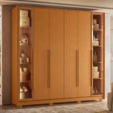 Imagem de Guarda Roupa Casal com Vidro Reflecta LED 6 Portas e Pés Napoli Albatroz - Cinamomo
