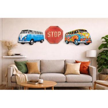 Imagem de Placas Decorativas MDF Kit 3 Kombi Azul Hippie Stop Retrô - KF IMPORTS