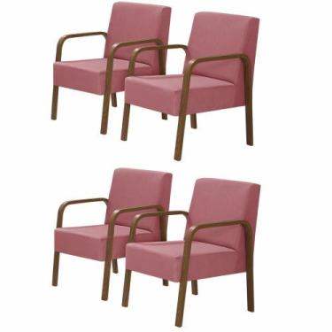 Imagem de Kit 4 Poltrona 1 Lugar Jade Braço Madeira Suede Rosa - D SALLA