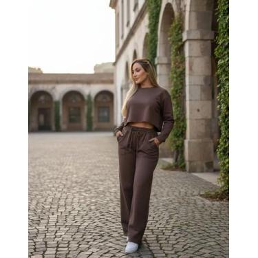 Imagem de Conjunto Moletom Cropped Com Calça Pantalona Abrigo Moda Feminina Bols