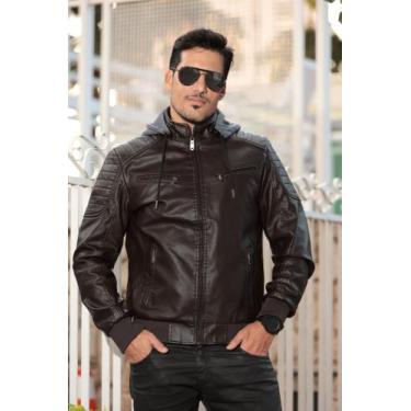 Imagem de Jaqueta Masculina Couro Capuz De Moletom Com Punhos - Krayani, Marrom 