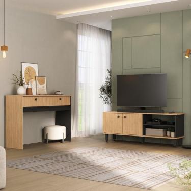 Imagem de Kit Rack para TV com Aparador Buffet CR45361 4 Portas 1 Prateleira MDP Carvalho Nature e Preto Multimóveis