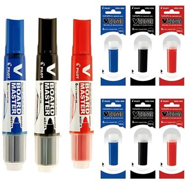 Imagem de Kit 3 Pincel para Quadro Branco V-board Master com 6 Refis Preto Azul Vermelho Plástico Reciclado Pilot