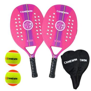 Imagem de Kit 2 Raquetes Beach Tennis Camewin Carbono + 2 Bolinhas, Rosa