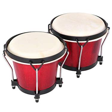 Imagem de Conjunto de bateria Bongo, conjunto de 2 instrumentos de percussão de tambor de madeira e metal, leve, acabamento portátil, bongos africanos com chave de afinação para adultos, crianças, iniciantes e profissionais, vermelho