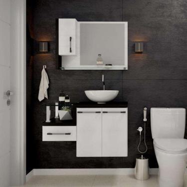 Imagem de Conjunto de Gabinete de Banheiro com Cuba R35 e Espelheira Wood 3 PT 1 GV Branco e Preto