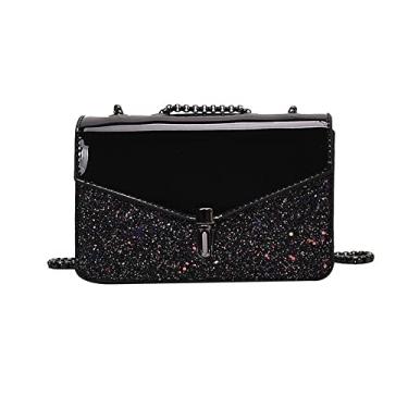 Imagem de Bolsas transversais de couro envernizado para mulheres com alça de corrente fashion com aba, bolsa de ombro, Preto