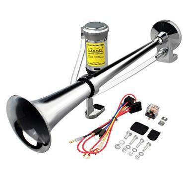 Imagem de GAMPRO Buzina pneumática de 12 V 150 db, 45 cm, zinco cromado, camião, trompete único, buzina a ar com compressor para qualquer veículo de 12 V, caminhões, trens, barcos, carros (prata)