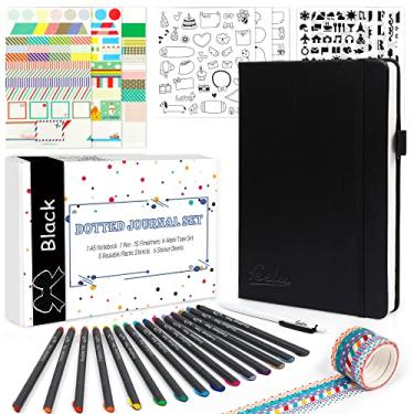 Imagem de Kit de diário pontilhado, feela Dot Grid Journal capa dura conjunto de caderno para iniciantes mulheres meninas anotações com suprimentos de diário adesivos canetas acessórios, A5, 224 páginas, preto