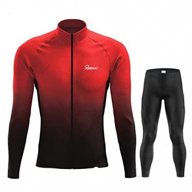 Imagem de Conjunto de camisa de ciclismo quente masculino de inverno térmico de lã para bicicleta ao ar livre manga longa 3D acolchoado babador calças para corrida, vermelho, 1
