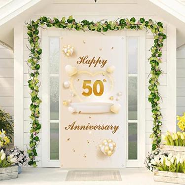 Imagem de Labakita Banner de porta de feliz aniversário de 50 anos, capa de porta / placa de aniversário de 50 anos, decorações de aniversário de casamento de 50 anos, decoração de porta de aniversário de 50 anos, adereços de cabine de fotos