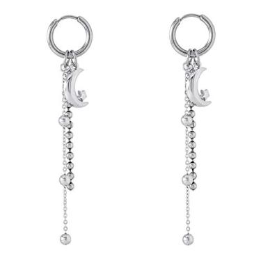 Imagem de Brincos de pingente de gota de borla de bola vintage para mulheres meninas homens pingentes de aço inoxidável lua estrela pequena argola cartilagem punho clipe de moda punk fãs jóias, Metal, Zircônia cúbica