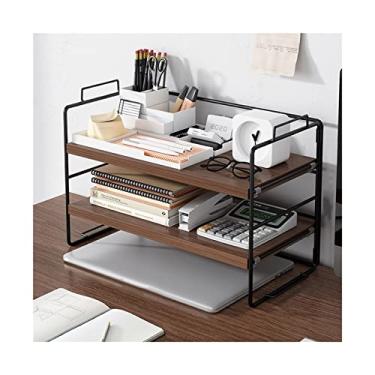 Imagem de KIZQYN Estante de livros de mesa simples de 2 níveis com grade de proteção rack de armazenamento de mesa de escritório pequeno organizador de mesa de ferro para armazenar livros, arquivos, materiais de escritório estante (cor: preto-b)