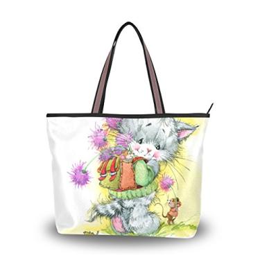 Imagem de Bolsa de ombro My Daily feminina tipo sacola escolar gatinha rato flor, Multi, Medium