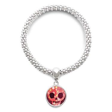 Imagem de DIYthinker Pulseira de prata com pingente de caveira rosa do México Dia dos Mortos Bracelete ajustável
