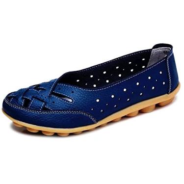 Imagem de Fangsto sapato feminino de couro bovino sapato mocassim sem salto sandálias sem cadarço, Med. Navy Blue, 6