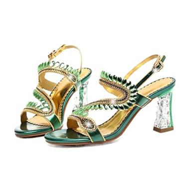 Imagem de Sandálias De Verão Femininas De Couro Strass Com Abertura Oco E Sapatos De Salto Alto Sandálias garota (Color : Green, Size : 36)