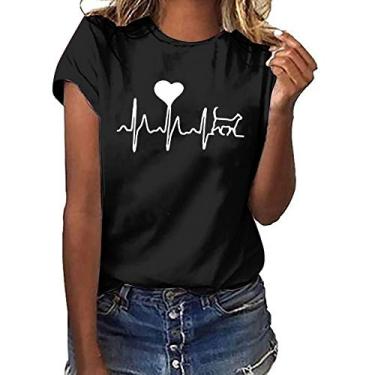 Imagem de Camiseta de batimento cardíaco para mulheres, camisetas com estampa floral, camisetas engraçadas, manga curta, casual, verão, camiseta fofa com estampa de animal, E#_preta, XXG