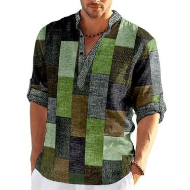 Imagem de Camisa masculina vintage patchwork estampa colorida bloco manga comprida camisa casual hippie esportes praia tops blusa (Color : Green, Size : L)