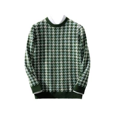 Imagem de Camisa masculina de caxemira espessa cor contrastante xadrez pulôver de malha de lã sólida gola redonda versão coreana, Laranja, Small