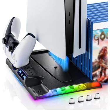 Imagem de Suporte para ventilador de resfriamento para PS5 Slim Disc/Digital Edition com 2 estações de carregamento de controlador, luzes LED RGB, 8 slots de jogo, kit de acessórios PS5 Slim. (preto)
