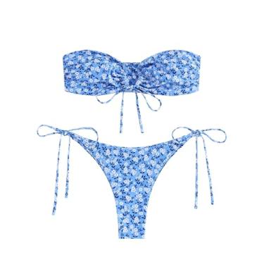 Imagem de ZAFUL Conjunto de biquíni feminino com faixa de anel, maiô sem alças, biquíni de corte alto, roupa de banho com 2 peças, Floral-azul, M