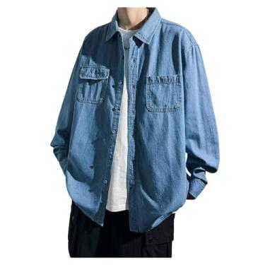 Imagem de Camisa jeans masculina, manga comprida, gola aberta, botões frontais, ombro caído, bolsos laterais, Azul claro, XG