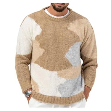 Imagem de Suéter masculino de costura de cor tricotada com borda canelada suéter fino gola redonda pulôver camada base, Cáqui, M