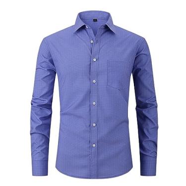 Imagem de Camisa social masculina de manga comprida slim fit abotoada xadrez bolso camisetas macias e confortáveis, Azul, M