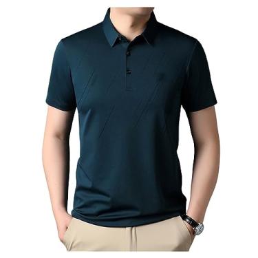 Imagem de Camisa polo masculina lisa listrada de seda gelo manga curta lapela botão Goout Shirt Moisture Buisness, Verde, 3G