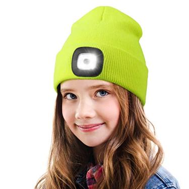 Imagem de Gorro de LED com luz para crianças, unissex, recarregável por USB, mãos livres, 4 lâmpadas de LED, chapéu de inverno, tricotado com luz noturna, lanterna, presentes para meninos e meninas (amarelo fluorescente)