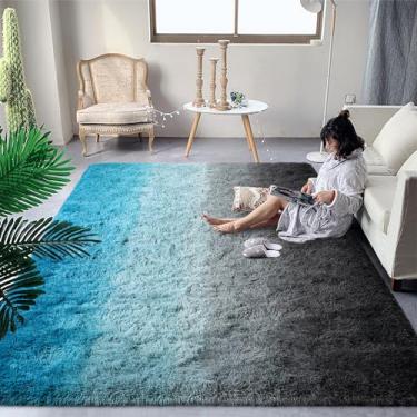 Imagem de DweIke Tapetes infantis fofos de luxo para sala de estar, quarto, 1,2 x 1,8 m, tapete felpudo preto e azul para meninas e meninos, tapete felpudo de pelúcia antiderrapante e lavável para decoração de