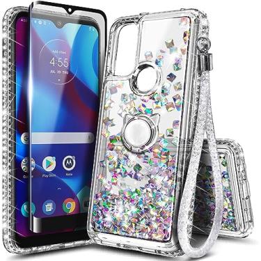 Imagem de NZND Capa para Motorola Moto G Play (2023) com protetor de tela de vidro temperado (cobertura máxima), suporte de anel/alça de pulso, capa de telefone fofa para meninas com glitter líquido flutuante (pedra de cristal)
