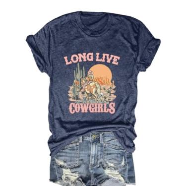 Imagem de Camiseta feminina Long Live Cowgirls Vintage Western Cowboy Rodeo camiseta Country Graphic Tees manga curta férias tops, Azul-escuro, P