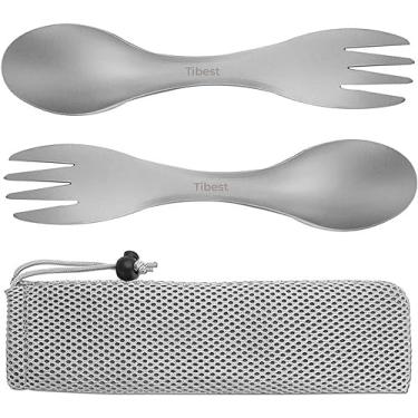 Imagem de Tibest Combo de Garfo e Colher de Titânio 2 em 1 para Acampamento Mochila Piquenique Escola de Escritório (Pacote com 2)