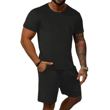 Imagem de Uni Clau Conjunto masculino de 2 peças, camisetas e shorts de manga curta de verão, conjunto esportivo casual atlético, Preto, G