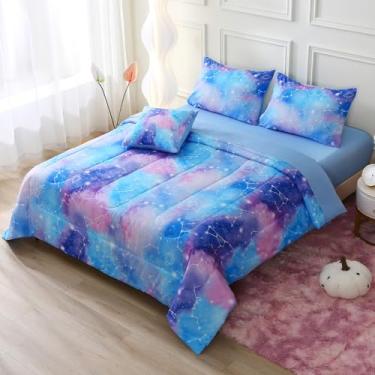 Imagem de Keyroal Jogo de cama queen com estampa de constelação de galáxia, gradiente, para meninas, 6 peças, com lençol de presente (azul)