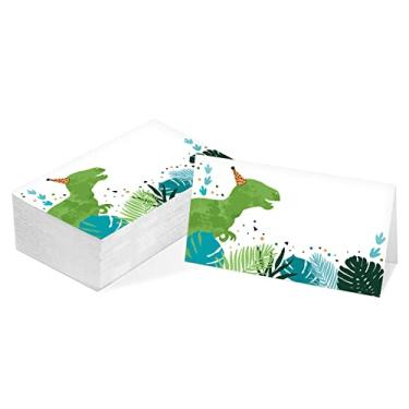 Imagem de Cartão de mesa, cartões de estilo de tenda com tema de dinossauro, pacote com 25 cartões de recepção de meia dobra, etiquetas de comida de dinossauro azul verde, perfeitas para chá de bebê, festa de aniversário de dinossauro C06
