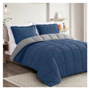 Imagem de Jogo de cama de 3 peças, azul/cinza, edredom alternativo, reversível, para todas as estações, lençol de cama (uma cor solteiro)