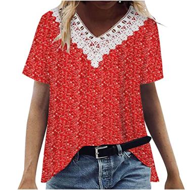 Imagem de Homisy Camisetas femininas 2024 Lace V Enck de manga curta para verão, leve, caimento solto, túnica para usar com leggings, Vermelho, 5G
