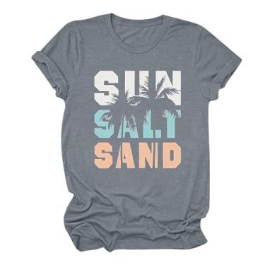Imagem de MaMiDay Camiseta feminina de verão com estampa divertida de sol, areia e sal e areia, gola redonda, manga curta, caimento solto, Cinza, G