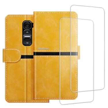 Imagem de ESACMOT Capa de celular compatível com LG G2 Mini D618 D620 + [pacote com 2] película protetora de tela de vidro, capa protetora magnética de couro premium para LG G2 Mini D618 D620 (4,7 polegadas)