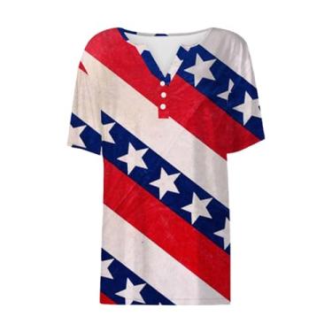 Imagem de Camiseta feminina com bandeira americana 4th of July Henley Neck Patriotic Shirts Tops Stars Stripes Camisetas de manga curta, Vermelho, G